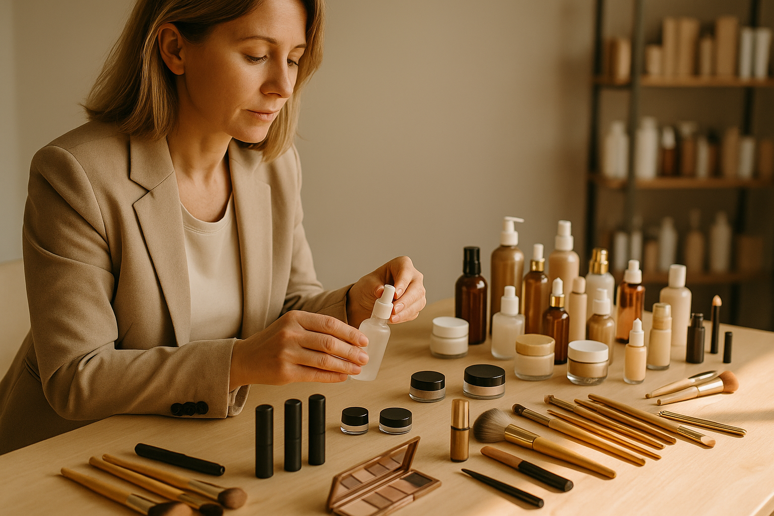 A SHRUFFLES account manager in a beige blazer inspecting a serum bottle at a table covered with foundations, brushes and skincare jars.