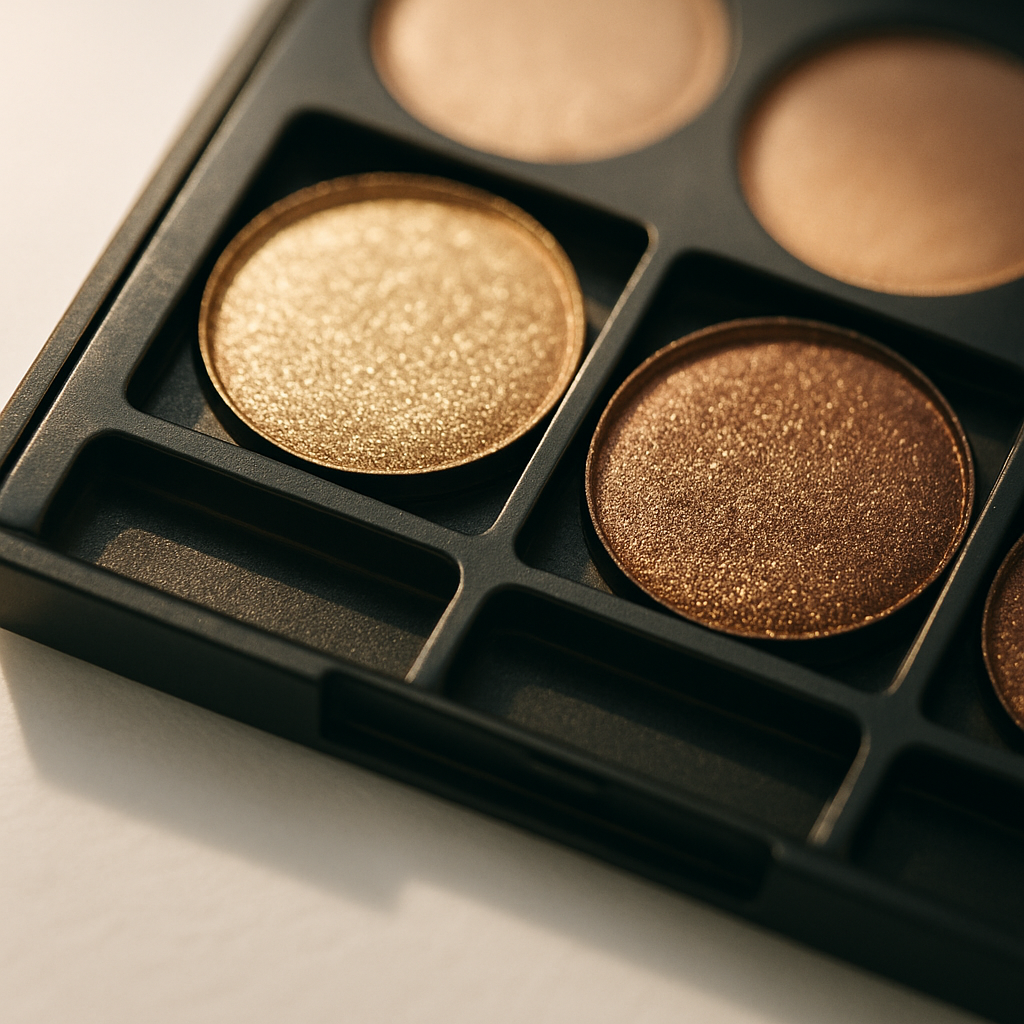 Macro close-up of an open eyeshadow palette, gold and bronze shimmer pans showing pressed pigment texture.