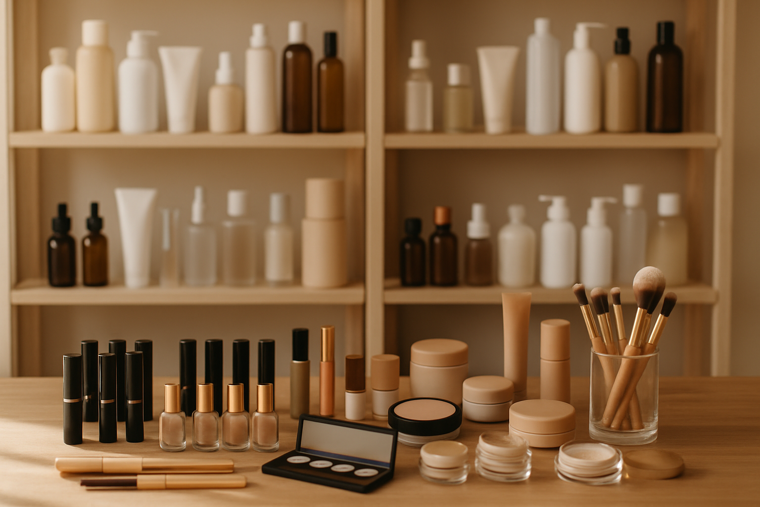 Wholesale beauty stock staged on a counter in front of shelving filled with cleansers, serums and lotions.