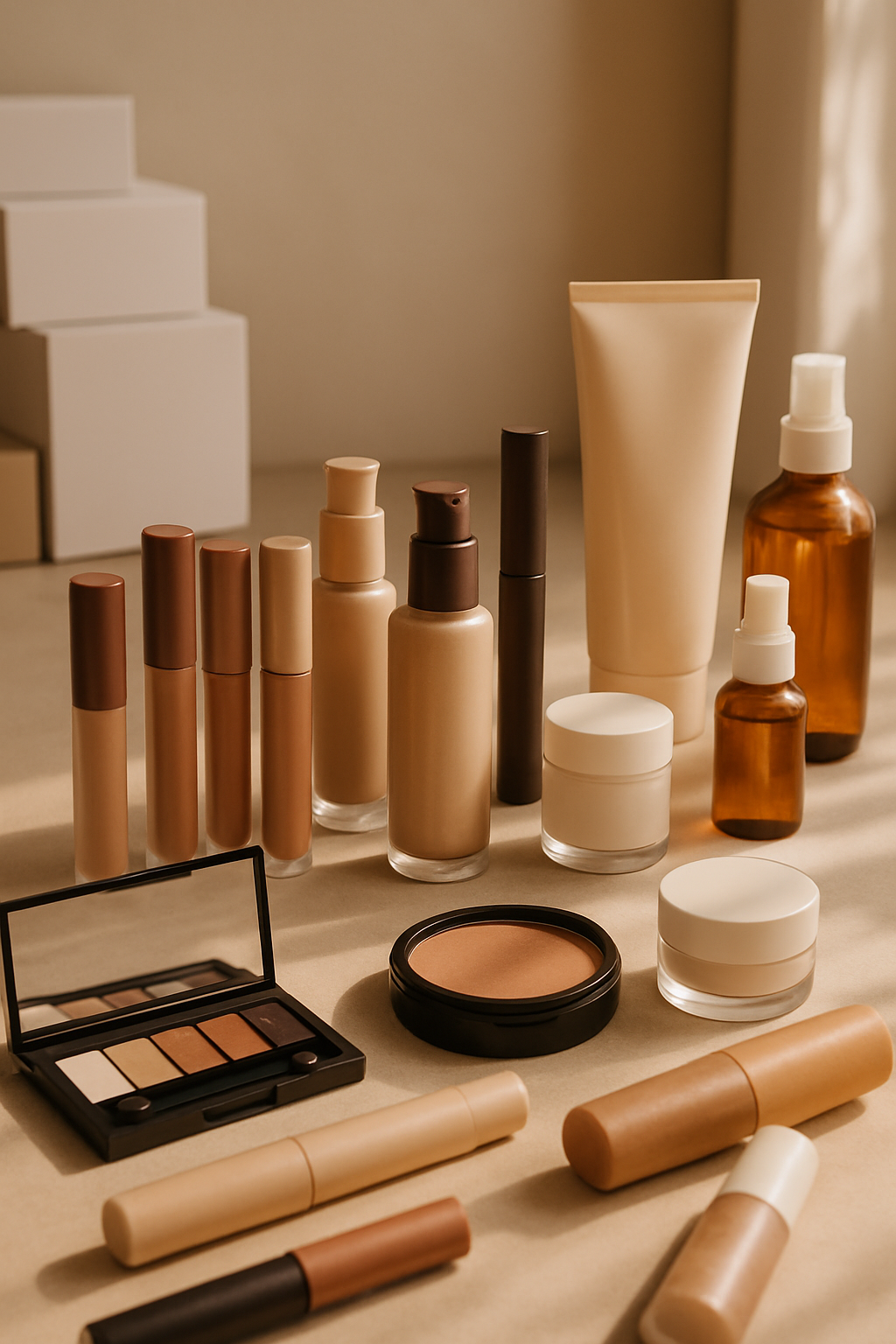 Tall arrangement of concealers, foundations, an eyeshadow palette, bronzer compact and amber skincare bottles beside stacked shipping cartons.