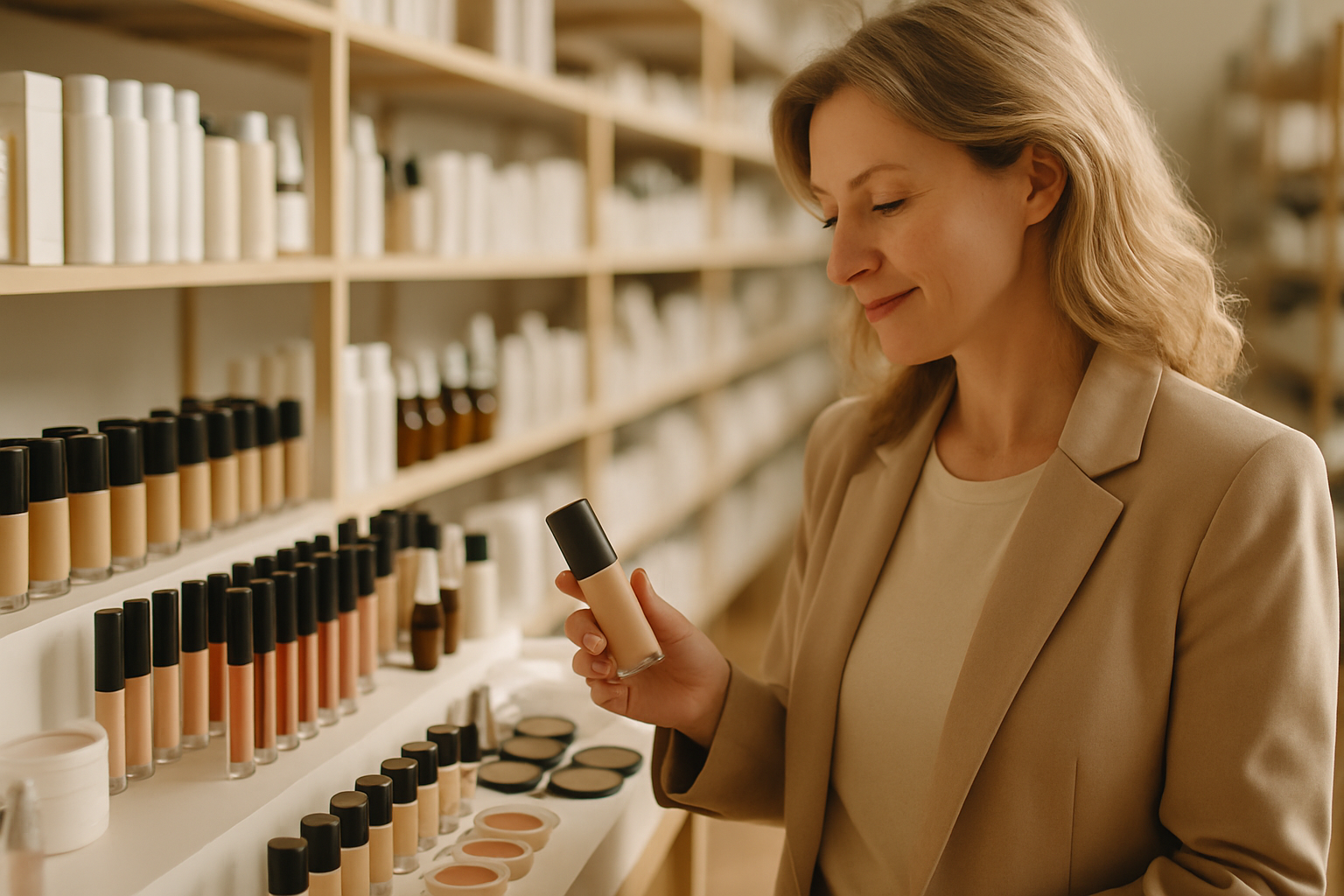 A retail buyer smiling while examining a foundation bottle in front of a wall of neatly faced beauty products.