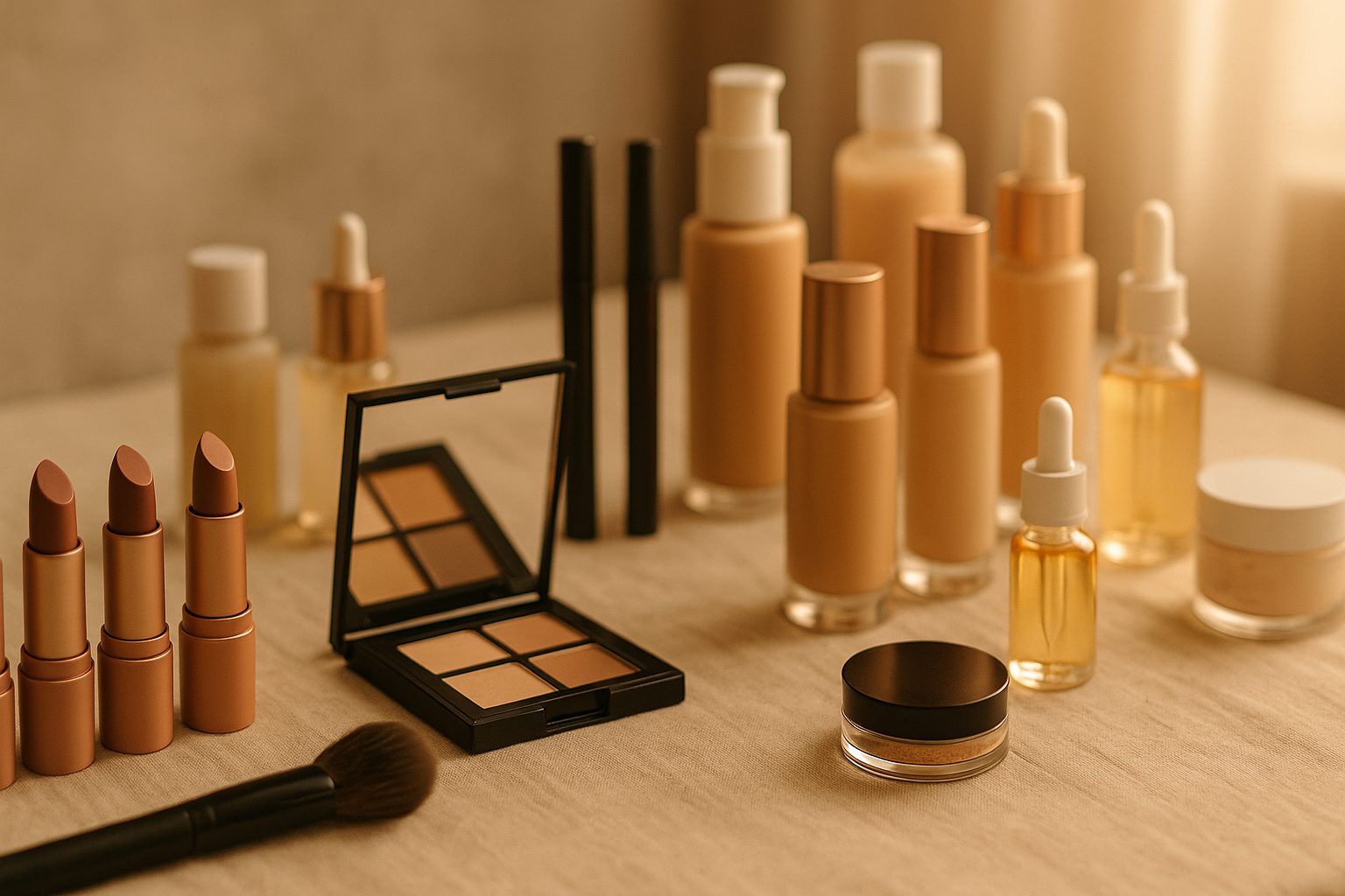 Wholesale cosmetics laid out on a neutral surface — lipsticks, a contour palette, foundation bottles, serum droppers and loose powder in warm skin tones.