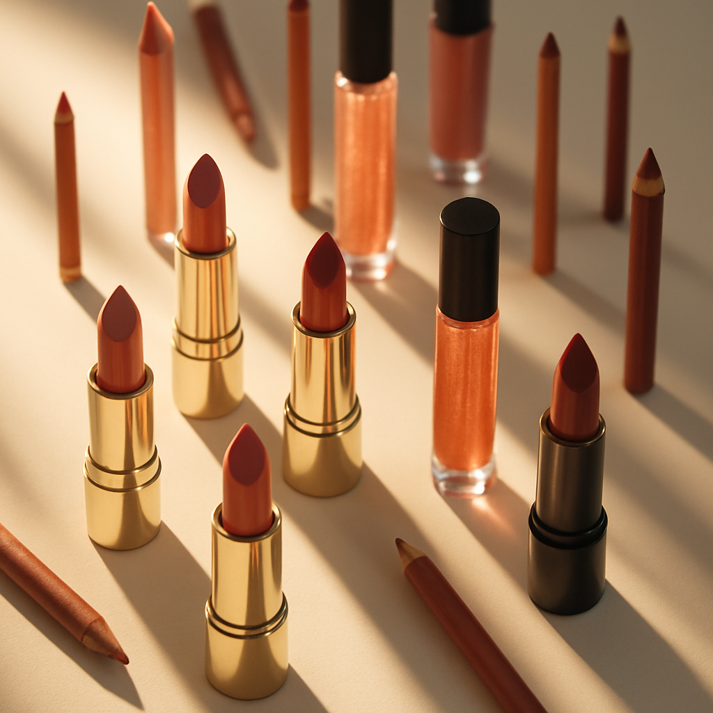 Lipstick bullets in gold cases, gloss tubes and lip liners arranged on a soft cream surface in warm sidelight.
