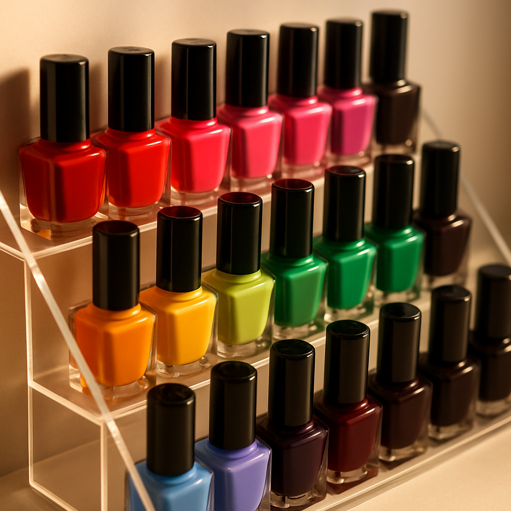 Nail polish bottles ranged across a tiered display rack in reds, pinks, greens, yellows and deep vamp shades.