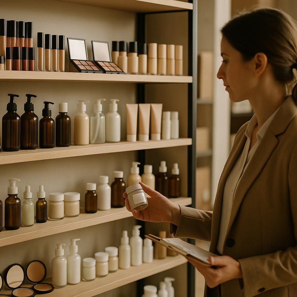 A buyer with a clipboard reviewing stocked shelves of skincare bottles, foundation and compacts in a wholesale showroom.