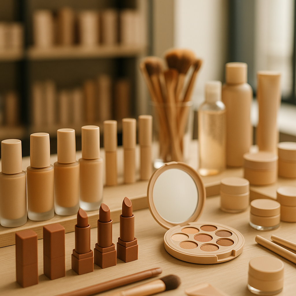 Foundation bottles, lipstick bullets, a pressed eyeshadow palette and brushes arranged on a warm wood counter.
